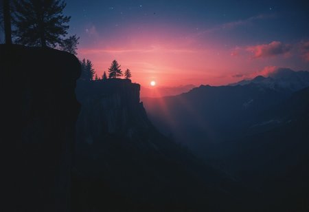 white vignette effect, stars, a silhouetted person far away sitting on edge of huge cliff, 
 perfectly aligned milkyway over horizon, michal shainblum photography. realism, 
reddish,pink blue aesthetic hues, the sun hiding behind the fog, snow landscape in the distance,  sun glow effect, sun halos, dark contrast, dawn, daek light blue gradient filter, a nat geo moment, pine trees fading far away, realism. mist, fog, dark rich contrasts, moody and gloomy, melancholic atmosphere.