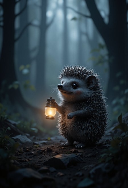 A small hedgehog standing alone in a dark, misty forest. The hedgehog is covered in spiky needles and holds a small glowing lantern in its right paw, which illuminates its surroundings. The hedgehog has wide, round black eyes with a gentle, innocent expression. Its tiny legs and arms are barely visible under the thick coat of needles. The overall atmosphere is mysterious and melancholic, with soft, diffused lighting. The foggy background creates a sense of depth and isolation, with dark, indistinct trees barely visible in the distance.   <lora:FluxMythP0rtr4itStyle:0.8> MythP0rt, <lora:aidmaMJ6.1-FLUX-V0.2:0.6> aidmaMJ6.1, <lora:sxz-Dark-Fantasy-v2-Flux:0.66> drkfnts style,