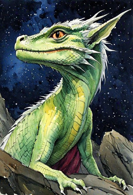 (resplendent highlighting) in the style of casual line and wash sketch, hauntingly beautiful, violento colorido, influenced by Bernard Buffet, contemporary watercolor painting, vibrant and colorful scene, depict a luck dragon in the style of The Neverending Story, cinematic still. A gigantic, mythical dragon with white fur. They are situated on a rocky terrain under a starry night sky, suggesting a scene of fantasy and wonder. He is looking at the viewer with a serene expression on his face.