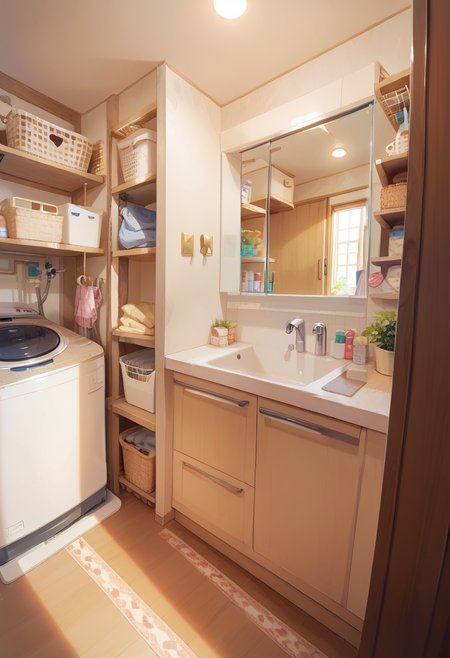 score_9, score_8_up, score_7_up, rating_safe, masterpiece, best quality, absurdres, unity 8k wallpaper, official art, official style, source_anime, uncensored, game cg, megami magazine,
JML2, sink, faucet, scenery, indoors, mirror, door, washing machine, cabinet, shelf, laundry
 <lora:JP_Senmenjyo_PONY_V2:1>