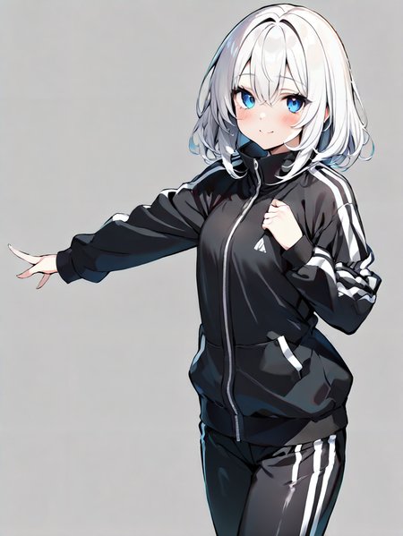 masterpiece,ultra-detailed,best quality,8K,illustration,cute face,clean skin ,shiny hair,woman,ultra-detailed-eyes,simple background, <lora:add-detail-xl:1> <lora:tracksuits_XL_illustrious_V1.0:1> tracksuits