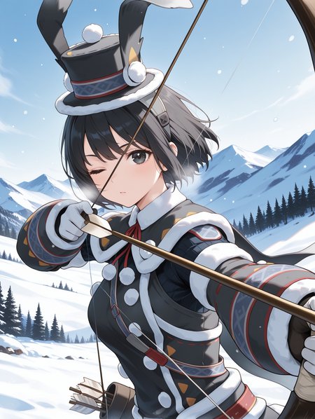 1girl,snowbaron lagombi armor,solo,black hair,black eyes,short hair,holding bow \(weapon\),bow \(weapon\),arrow \(projectile\),quiver,aiming at viewer,black fur-trimmed top hat,black fur-trimmed capelet,black fur-trimmed coat,black fur-trimmed gloves,snow,mountain,one eye closed,looking at viewer, upper body, 
masterpiece,best quality,amazing quality,very aesthetic,absurdres,newest,<lora:Snowbaron Lagombi Armor illuXL v1:0.75>,