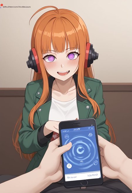 Futaba hypnotized, 
score_9, source anime, lewd, 1girl,
mind control, (hypnotized), glazed eyes, expressionless, slightly drooling, happy trance,
boobheart, heart hands Press own breast, (mind control phone app, looking at mind control app(, pov, pov holding phone,
futaba sakura, orange hair, long hair, purple eyes, ahoge, behind-the-head headphones, green jacket,