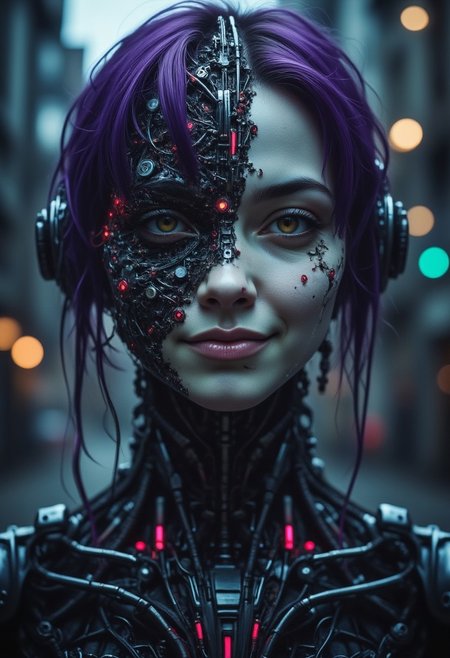 wired-cyborg, biomechanical, high quality photography of a woman's face, split down the middle, showcasing two distinct halves. The left side of her face is a mechanical construct, resembling a futuristic cyborg or android, with intricate circuitry and wires visible beneath her skin. The mechanical half is a dark, metallic color with glowing red circuitry and numerous tiny, glowing red lights, giving it an eerie, otherworldly appearance. The right side of her face is human, with pale, almost deathly skin, sci-fi horror aesthetic. Purple hair, smirk