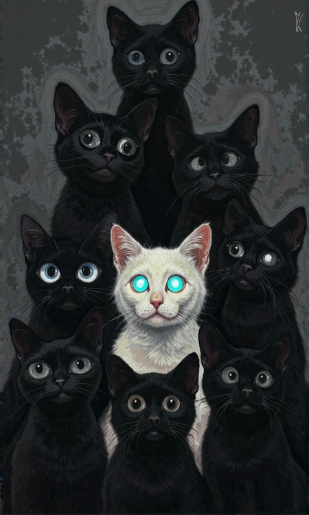 A stylized painting or illustration features a group of cats, predominantly black with large, prominent, glowing eyes. 
The cats are positioned in a layered, almost pyramid-like formation, appearing to be stacked vertically. The black cats have large, dark, almost featureless eyes that are suggestive of mystery or a sense of being in shadow.
One cat, which is noticeably lighter, almost white, is positioned centrally amidst the group. This white cat has large, light-blue eyes and a slightly smudged or soft-edged appearance, as if it were illuminated from within or surrounded by a luminous aura.  Its expression is softly rounded and friendly, contrasting with the more ominous-looking black cats.
The background is a muted, dark gray or charcoal color that emphasizes the stark contrast between the black cats and the lighter central cat. The style of the drawing evokes a sense of mystery, fairytale imagery, or a slightly spooky, yet enchanting, mood., <lora:FLUX-daubrez-DB4RZ-v2:0.9> DB4RZ, DB4RZ style painting, <lora:ImpurePores:0.85> xlr_skin,