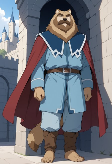 masterpiece,best quality,amazing quality, 1boy, solo, sh1nz4, furry, brown mustache, yellow eyes, blue mantle, light blue tunic, light blue pants, brown legwear, barefoot, red cape, full body, castle, 