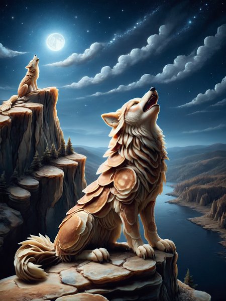 An ais-pncks wolf howling on a cliff over a tranquil valley under starlit skies <lora:ais-pncks-sdxl:1>