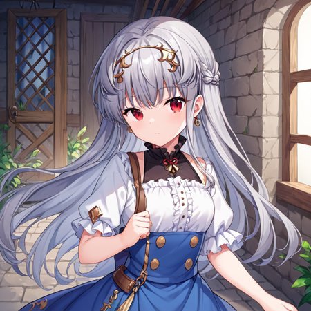 score_9, score_8_up,score_7_up,score_6_up,source_anime,in dungeon,1girl,breakEmily_Grimm_OtogiFrontier,gray hair,red eyes,long hair,upper body focus,walking,skirt,blue cloth,break,best quality:1.1,masterpeace:1.1,official art:1.3