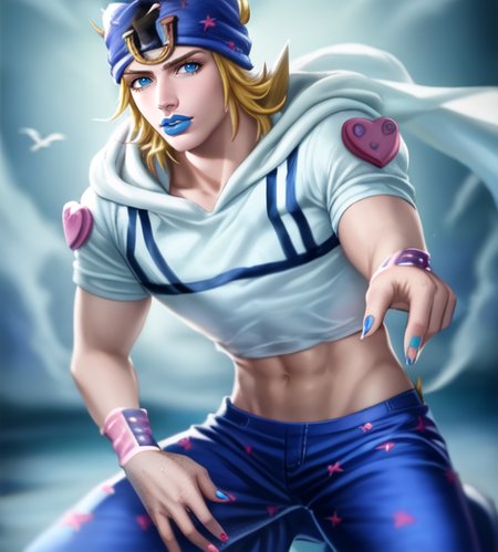 ((johnnyjojo)),  hat, 1boy, blonde hair, blue lips, blue fingernails, detailed face, hires, HQ, blue pants,  volumetric lighting, best quality, masterpiece, intricate details, tonemapping, sharp focus, hyper detailed,  <lora:johnnyjojo:1.2> <lora:sakimiChanLora_v10:0.7> sakistyle, artstyle,  <lora:grullborgCopycat_grullborgStyleR8V4:0.2>