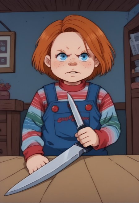 score_8, score_8_up, score_7_up, source_cartoon, rugrats_style, BREAK  1boy, male focus, solo, ChuckyXLP, short hair, blue eyes, freckles, brown hair, striped, long sleeves, overalls, indoors, night, knife, holding, holding weapon