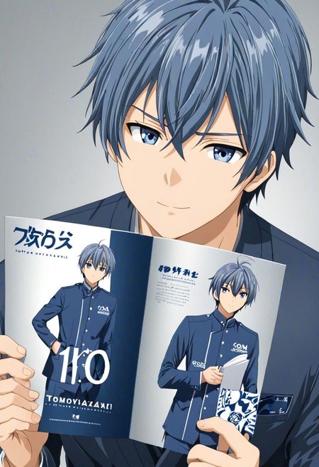 high resolution, solo, best quality, 1Boy, Tomoya Okazaki, Grey Blue Hair, brand ambassador, brochure design, OverallDetail