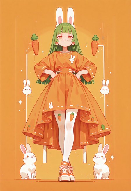 1girl, long hair, straight green hair, hime cut, fanged bangs, orange dress, high-low skirt, white tighhighs, carrot print legwear, orange sneakers, standing, crossed legs, watson cross, hands on own hip, looking viewer, smug, animals, white rabbits, multiple rabbits negative space, vivid colored, orange background, orange theme, no lineart, no outline, fine art, masterpiece, best quality, good quality, very awa, very aesthetic, absurdres, newest, haiz_ai, flatline,