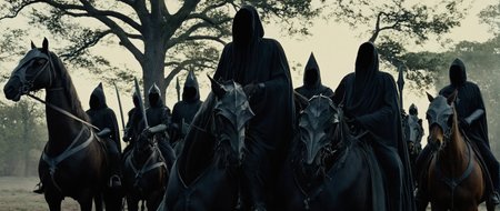 Horror-themed,  <lora:The Lord of the Rings style v2:0.8>
 <lora:The Lord of the Rings style:0.6>
 <lora:Chiaroscuro Lighting Style:0.4>
In a Fantasy Middle-earth world in the dark ages Nazgul Ringwraiths a group of faceless reaper people riding on the backs of horses,Black Riders and also called Ringwraiths,Dark Riders,the Nine Riders,or simply the Nine,holding,weapon,outdoors,multiple boys,sword,hood,cape,holding weapon,armor,tree,holding sword,helmet,6+boys,riding,horse,horseback riding , dramatic light, dramatic shadow light, four horsemen of the apocalypse, film contrast, cinematic film color, cinematic film look, filmic, realistic, realism, perfection, perfect, movie still, fantasy drama, epic drama, fictional, Age of Wonders, Age of Empires, warriors,  Medieval style, middle ages, dungeons and dragons style, different people, different, unique, kingdoms and castles, violent, aggressive, detailed, perfection, detailed face, detailed body, detailed hands, detailed eyes, sharp, horror themed, dark themed, epic fantasy adventure film style, Legendary, mythical, The Lord of the Rings style, Eerie, unsettling, dark, spooky, suspenseful, grim, highly detailed