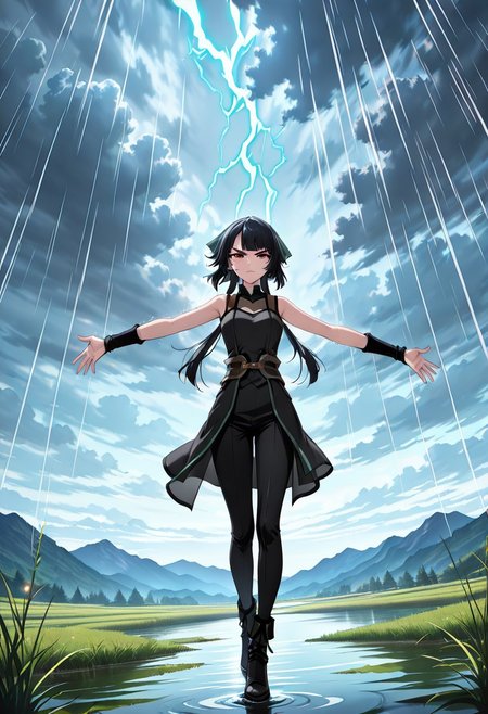 score_9, score_8_up, score_7_up, dynamic view, eye_focus, solo, looking_at_viewer, 1girl, 
masterpiece, best quality, bokeh, luminescent background,
( jasmine flamesworth,, black hair, pony tail, long hair, hair ribbon, green ribbon, red eyes,  small breasts,, sleeveless shirt, black shirt, brown belt, black pants, short boots, black boots,  ,  )
outdoors, storm, (rain:1.2), cloudy sky, dark clouds, lightning, wind, spread arms, outstretched arms, full body, dutch angle, cleavage, , scenery, mountainous horizon, wet clothes, wet, wet hair, looking at viewer, wet dress, see-through dress, v-shaped eyebrows, closed mouth