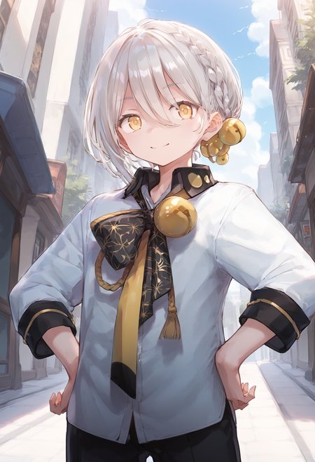 score_9, score_8_up, score_7_up, source_anime, 
BREAK,
1boy, solo, standing, looking at viewer, smile, outdoors, sky,  hands on own hips, 
 <lora:iori_yuzuru_PonyXL_v1:1> iori yuzuru, yellow eyes, white hair, braid, hair ornament, bell, white shirt, black pants,
