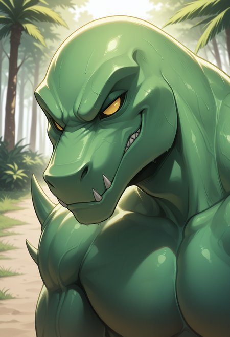 masterpiece,best quality,amazing quality, 1boy, solo, g4g4g1g0, furry, green skin, colored sclera, no pupils, face focus, side angle, smirk,

outdoors, 