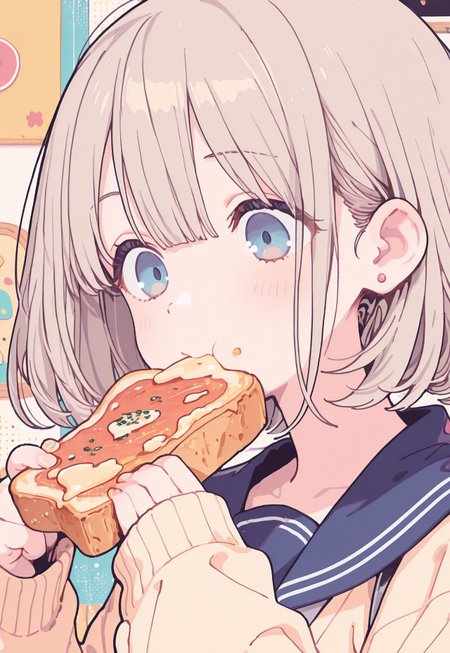 masterwork, masterpiece, best quality, very aesthetic, absurdres, newest, huge filesize, highres, very awa, detailed, 1girl, solo, 
serizawa asahi, aaasahi, blue eyes, blonde hair, asahischool, school uniform, stud earrings, blue sailor collar, yellow cardigan, sleeves past wrists, 
kissaten, japanese cafe, eating, food, pizzatoast, cheese, toast, food on face, 
food focus, close-up, 
halftone, flatline, flat vector illustration, black outline, vivid colors, screentones, colorful, portrait, eating, 
