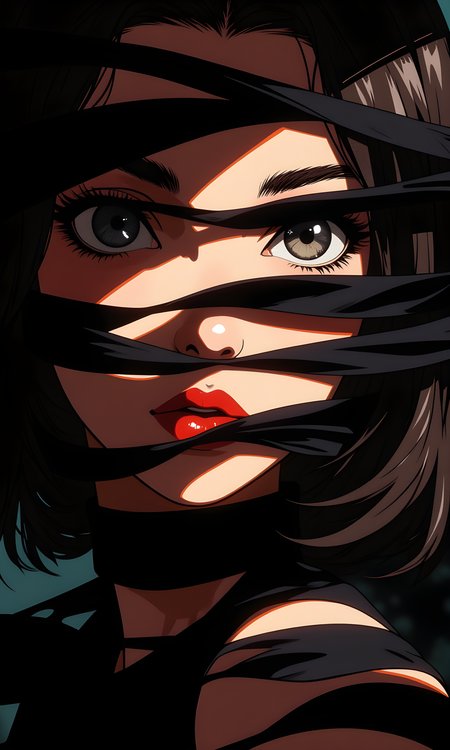 This image is a striking and artistic portrait featuring a woman's face partially obscured by black, ribbon-like strips. The strips are arranged in a way that creates an intriguing interplay of light and shadow, adding depth and texture to the composition. The woman's eyes are visible through the gaps in the strips, drawing the viewer's attention and creating a sense of mystery and allure.
Her lips are painted a bold, vibrant red, which stands out vividly against the softer tones of her skin and the dark strips. The lighting is soft and natural, highlighting the contours of her face and the texture of the strips. The overall mood of the image is one of elegance and sophistication, capturing a moment of quiet intensity and beauty.
The combination of the woman's expressive eyes, the bold red lipstick, and the dynamic arrangement of the strips creates a visually compelling and memorable photograph. The image conveys a sense of artistry and creativity, showcasing the power of visual storytelling through photography.
BREAK anime, d13s3lp2nk, bboil artist style, OBdonman, <lora:FLUX\Synesthesia:0.2>, <lora:FLUX\RetroAnimeS1.1:0.4>, <lora:FLUX\Flux-jijia:0.1>, <lora:FLUX\It's a LoRA for portraits, BUT! actually specialized in backgrounds. v1.0:0.1>, <lora:FLUX\GLSHS:0.2>, <lora:FLUX\Dieselpunk Delight - s0_9 g4:0.4>, <lora:FLUX\OBdonman, anime0style portrait:0.1>