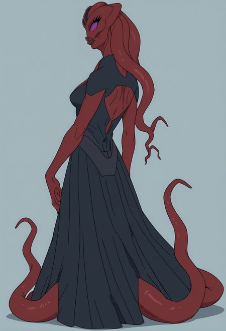 score_9, score_8_up, score_7_up, score_6_up, score_5_up, score_4_up, 1girl, <lora:LucyGOTG:0.85> solo, colored skin, red skin, purple eyes, no pupils, eyelashes, lips, monster girl, alien, tentacles, tentacle hair, dress, cleavage, full body, standing, from behind, looking back, 
(light blue background), simple background,