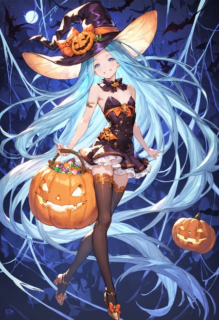 score_9, score_8_up, score_7_up,score_6_up, source_anime, best quality, aesthetic, absurdres, realistic, 
full body, 
halloween, halloween costume, happy halloween, official alternate costume, hat,
1girl, solo, smile, (clear eyes:1.1), looking at viewer,
Lyria (Granblue Fantasy), very long hair, blue hair, (body_slim:1.1), small breasts,
<lora:Lyria-Pony:0.8>  <lora:IshikePony:0.2>