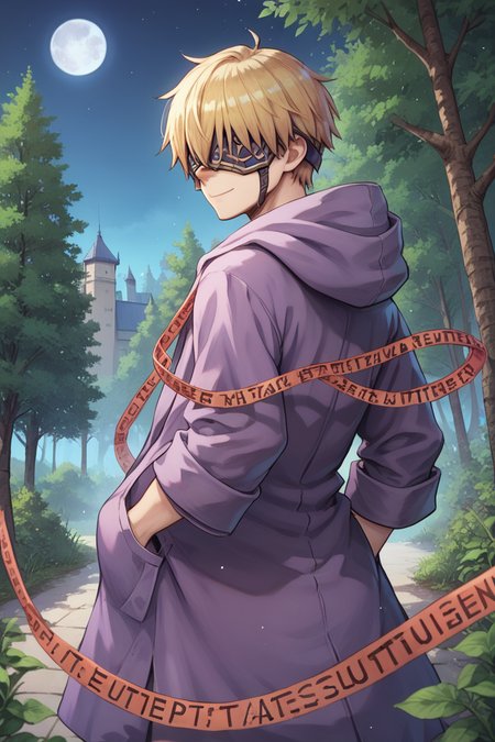 (score_9, score_8_up, score_7_up, score_6_up), source anime, BREAK, solo,  <lora:Nessiah-000013:0.55> , nesdef, 1boy, blonde hair, mask, covered eyes, hooded robe, robe, purple robe, caution tape, red caution tape, chain, cuffs, exterior, forest, trees, fortress, castle, cowboy shot, night, moon, forest, zen garden, (hands in pockets), (from behind), smile, closed mouth,  <lora:zy_Detailed_Backgrounds_v1:0.5> , detailed background, highly detailed,   <lora:backgroundsetXL:0.4> , background,  <lora:m4gXLP:0.8> , m4g,