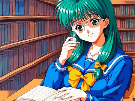 score_9, score_8_up, score_7_up, source_anime, rating_explicit, BREAK  <lora:Kisaragi_Mio_XL:1> Kisaragi_Mio, long hair,  green hair,  glasses,  green eyes, hair over shoulder, low-tied long hair,  medium breasts, 1990s \(style\),  solo,
 school uniform, book, smile, bow, serafuku, sailor collar, yellow bow, reading,
library,
