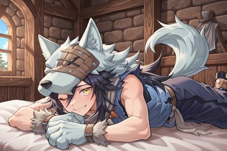 <lora:FlunkyIL:0.8> , fludef, 1boy, black hair, long hair, yellow eyes, wolf hat, wolf hood, wolf pelt, wolf tail, grey scarf, bandana around neck, necklace, tooth necklace, fur trim, blue vest, torn clothes, paw gloves, indoors,  medieval, bedroom,  smile, winking, solo, looking at viewer, lying on bed, masterpiece, very aesthetic, absurdres, best quality, amazing quality, high resolution, detailed background,  <lora:illustrious_quality_modifiers_masterpieces_v1:0.8> , <lora:ChamIllustriousBackgroundEnhancer:0.5>