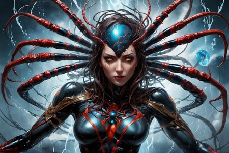 portrait of a gigantic spider,awardwinning, 8k,  atmospheric,dramatic,godlike,superpowers,power surge,epic,representation of absolute power,dense particles in the atmosphere,in the style of aleksi briclot,sandra chevrier and mythsxl,<lora:mythsxl:1>