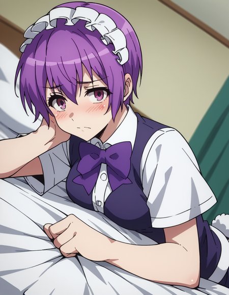 score_9, score_8_up, score_7_up, source_anime, <lora:naruha-sakuragi-acc1-ponyxl-lora-nochekaiser:1>, naruha sakuragi, short hair, purple eyes, purple hair,, shirt, bow, tail, short sleeves, bowtie, maid headdress, rabbit tail,, indoors, bed, bed room, on side, blush, drunk, looking at viewer, solo,, cowboy shot, dutch angle