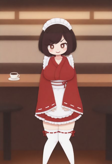 tildevtuber, 1girl, solo, breasts, looking at viewer, blush, smile, bangs, large breasts, brown hair, thighhighs, long sleeves, brown eyes, closed mouth, collarbone, frills, japanese clothes, wide sleeves, kimono, apron, white thighhighs, v-shaped eyebrows, sleeves past wrists, maid headdress, frilled skirt, frilled sleeves, ribbon trim, waist apron, white apron, ribbon-trimmed sleeves, frilled apron, knees together feet apart, >:), over-kneehighs, bob cut, swept bangs, wa maid, red kimono, white pupils, tildewamaid, faux traditional media, standing, cafe, upper body, indoors, masterpiece, best quality, tables, coffee,
 <lora:TildeIllustrious:0.5>   <lora:kikuchi-milo:1>