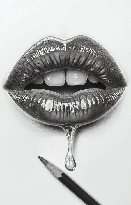 hyper-realistic pencil drawing of a pair of lips. The drawing is monochromatic, using shades of gray to depict the textures and shadows of the lips. The lips are slightly parted, revealing a row of teeth that are also meticulously rendered. The texture of the lips is meticulously detailed, showing the natural folds and creases, as well as the moisture and sheen of saliva. Droplets of saliva are depicted as they hang from the lips, creating a sense of realism. A small pencil, with a black lead, is placed diagonally across the bottom of the image, pointing towards the lower lip. The background is stark white, which contrasts sharply with the gray tones of the lips, making the details even more pronounced. The overall style is hyper-realistic, with a focus on minute details and textures to create a lifelike representation. The drawing is executed with precision and attention to detail, showcasing the artist's skill in capturing the nuances of the human mouth., <lora:aidmaImageUpraderv0.3:0.4>, aidmaimageupgrader, <lora:diffusion_pytorch_model:1>, <lora:aidmaMJ6.1_v0.5_3:0.7>, aidmaMJ6.1, ultra quality, ultra detailed, intricate details