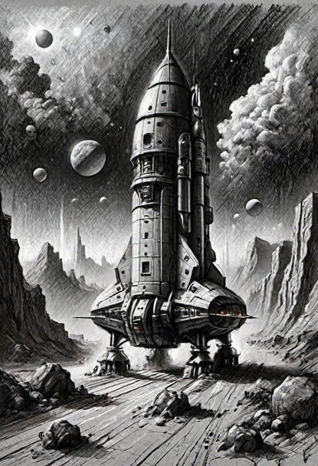 (masterpiece), 
A simple spaceship, road to mars,
Black and white tones,
HDR, highly detailed, 32k, 
looking at viewer,