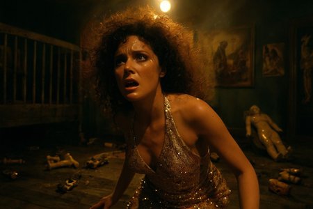 cinematic still, Gina Montana in the Scarface sequel pacing frantically across a fire-blackened nursery floor, her sequined halter dress torn and glittering beneath shifting shadows, curls wild around her flushed face, surrounded by overturned wooden toys and fractured religious icons, upper body close-up, low angle, mood of emotional rupture and defiant hysteria, harsh yellow overhead light with hard falloff, color theme of scorched bronze, cold ivory, and bleeding gold, style referencing surreal domestic breakdown