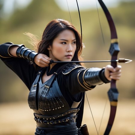 cinematic film still of  <lora:female samurai style:1.2>
an epic cinematic photo of a woman dressed in black armor holding a bow and arrow female samurai style, shallow depth of field, vignette, highly detailed, high budget, bokeh, cinemascope, moody, epic, gorgeous, film grain, grainy