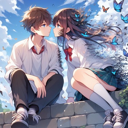 score_9, score_8_up, score_7_up, source anime, dissolving, disintegration, 1girl, 1boy, long hair, skirt, sitting, black hair, plaid, bug, sneakers, butterfly, shirt, shoes, socks, looking at another, school uniform, short hair, hetero, blue eyes, eye contact, bow, imminent kiss, white shirt, plaid skirt, red bow, pants, red bowtie, pleated skirt, blush, cloud, couple, brown hair, collared shirt, bowtie, black pants, white socks, open clothes, blue butterfly, sky, blue skirt, long sleeves, parted lips, <lora:dissolving-xl-pony-v2-000008:1.1>,