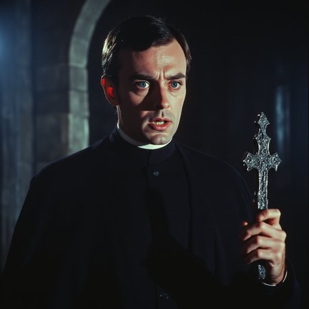 ArsMovieStill, movie still from a 1970s horror movie, The image is a still from a movie or TV show. It shows a man in a dark and eerie setting holding a cross in his right hand. He is wearing a black robe and has a serious expression on his face. The background is dark and blurred with a stone archway visible on the left side of the image. The man appears to be in a state of distress with his eyes wide open and his mouth slightly open as if he is about to speak. The cross he is holding is silver and has intricate designs on it., 1boy, male focus, solo, cross, realistic, black hair, facial hair, priest, real life insert