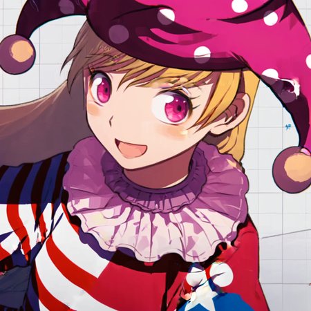 clownpiece 1girl, solo, long hair, looking at viewer, smile, open mouth, blonde hair, hat, striped, pink eyes, polka dot, close-up, jester cap, american flag dress, neck ruff, clownpiece  <lora:Gumi-000064:1>