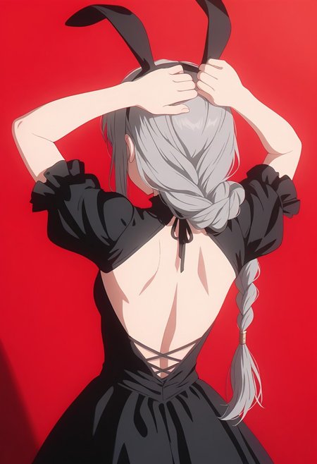 masterpiece, best quality, amazing quality, LDSCH, aesthetic, 1girl, solo, animal ears, long hair, rabbit ears, from behind, braid, dress, fake animal ears, red background, grey hair, single braid, arms up, back, braided ponytail
