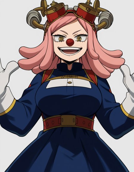 score_9, score_8_up, score_7_up, source_anime, <lora:mei-hatsume-s3-ponyxl-lora-nochekaiser:1>, mei hatsume, yellow eyes, pink hair, medium hair, symbol-shaped pupils, large breasts,, <lora:clown-ponyxl-lora-nochekaiser:1>, clown, makeup, clown nose, facepaint, gloves, long sleeves, frills, dress,, smile, open mouth, smug, , dutch angle, cowboy shot