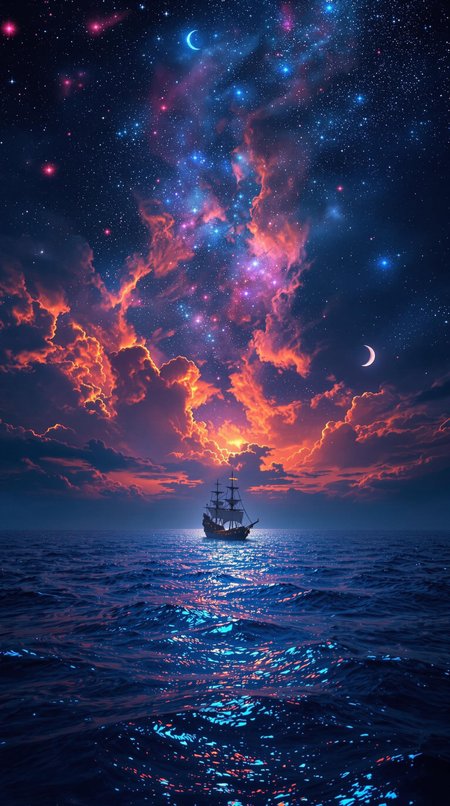A breathtaking cinematic shot of a celestial seascape, where a lone ship glides across the deep blue ocean. The ancient vessel stands out against the backdrop of a mesmerizing sky, painted with vibrant hues of fiery orange and pink that seamlessly blend with the inky blackness of night. A crescent moon casts a soft glow, illuminating the bioluminescent shimmer of the water. The vast ocean and celestial sky evoke a sense of tranquility, wonder, and awe. The solitary ship adds an air of mystery and adventure, inviting the viewer to embark on a fantastical journey. This conceptual art piece masterfully blends natural beauty with artistic imagination, capturing the magic of the night sky and the allure of the open sea.