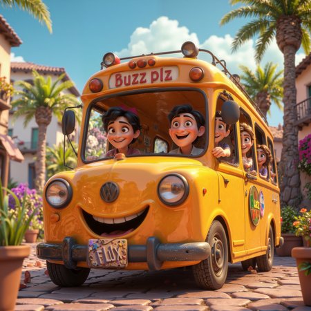 Cute 3d cartoon of a crawded bus with people going to the beach with the words "Buzz plz" in the bus sign. Render blender. <lora:Cute_3d_Cartoon_Flux:0.5> <lora:Flux_Pixar:1> egpixar