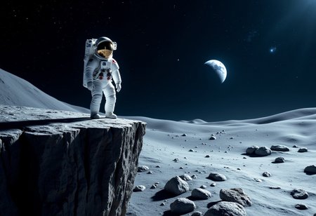 IMG_1017.CR2, astronaut ON THE EDGE OF A CLIFF ON THE MOON SURFACE,, WHITE MOON BOOTS,   low gravity environment,  Earth visible in the distant starry sky, dramatic lighting casting shadows, a sense of adventure and exploration, cool tones contrasted with the bright white suit, ultra-detailed, 4K resolution, expansive view of the cosmos, serene yet awe-inspiring atmosphere, focusing on the vastness of space and humanity's curiosity.
