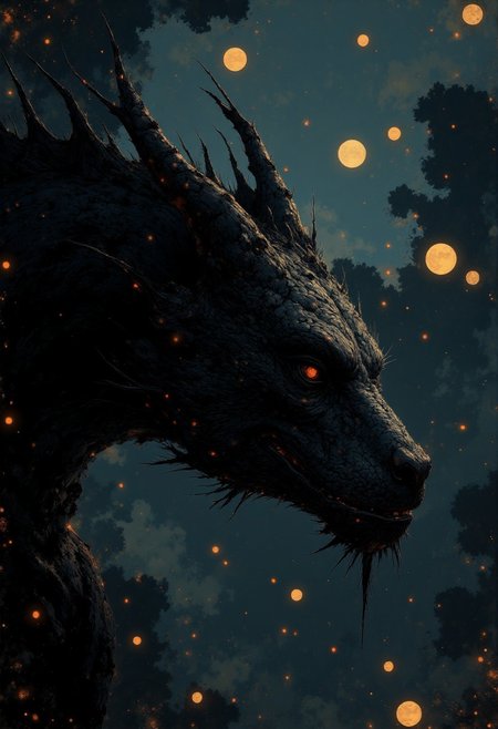 digital art by Adam Martinakis, Goro Fujita and Filip Hodas, Illustration, A cinematic still from a dark fantasy movie featuring the menacing head of a dragon emerging from pitch-black darkness. The dragon’s anatomy is intricate and fearsome, with overlapping, armor-like scales that shimmer faintly where the light touches. Spikes extend from the sides of its head, dark and smooth like polished ebony, while smaller spines trail along its jawline. Its eyes, pierce through the darkness with an intense glare. The light falls dramatically on its face, highlighting the jagged edges of its fangs and the textured scales around its cheeks and forehead. The body, neck, and background are engulfed in impenetrable shadow, creating a stark contrast that emphasizes the dragon's imposing visage. The atmosphere is foreboding and mythical, like a climactic reveal in a fantasy epic. Fantasy painting, art, detailed art, Surrealism, digital manipulation, ethereal landscapes, Concept art, VR painting, imaginative worlds, whimsical characters, digital illustration, dystopian landscapes, surreal compositions, vibrant colors, dynamic dramatic atmosphere, dynamic cinematic color, flowing, best, unique