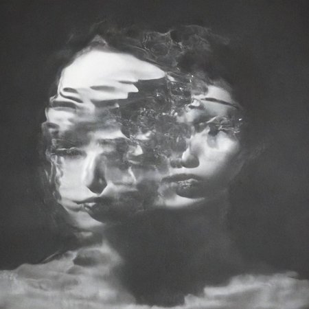 A close-up left facing profile portrait, a beautiful brunette woman made of glass, colorful light from hoph fibration bundles dramatically distorting her features