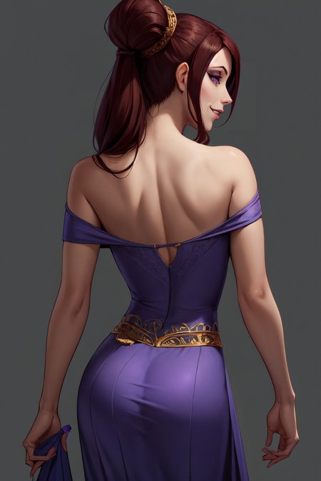 megherc, 1girl, lips, (long dark auburn hair:1.3), ponytail, purple eyes, eyeshadow, long greek purple dress, bare shoulders, detailed skin, detailed eyes, finely detailed hair, (from behind, looking over shoulder, presenting ass:1.7), gorgeous, detailed intricate face, photorealistic, intricate detail, athletic, (abs:0.2), (small demure smile), greek temple, (highly detailed background:1.1), sharp focus, volumetric lighting, subsurface scattering, (OverallDetail:1.2), EyeDetail, HairDetail, <lora:megara_v1-04:0.44> <lora:detail_slider_v4:0.8>