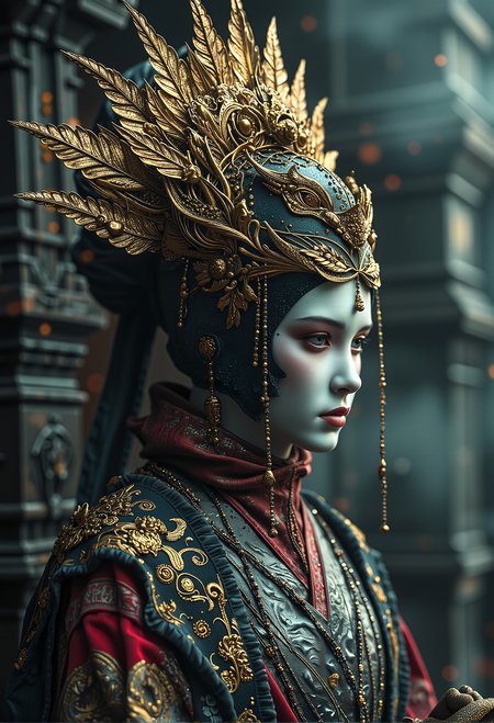 a person wearing a costume, a bronze sculpture by Otto Pilny, featured on cg society, fantasy art, ornate metal gold headpiece, ornate mask and fabrics, ancient asian dynasty princess, holding a sword, atmospheric haze, extremely high quality edited photograph, high contrast, edited in adobe lightroom, vivid colors, perfect white balance, using Broncolor Flash, limited dark palette, 4k, sharp focus, high resolution, 8k UHD, DSLR, high quality, film grain, Phase One <lora:FredFraiStyle-FLUX-Share.safetensors:0.2>,  <lora:MJvSX_Flux_LoRa_v1-000096.safetensors:0.85>,  <lora:Dark side of light.safetensors:0.55>,