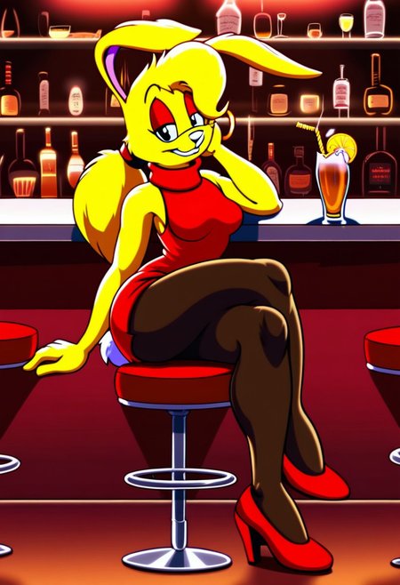 score_9, score_8_up, score_7_up, score_6_up, score_5_up, score_4_up, retro artstyle, BREAK 
LoriJackRabbitPXL, rabbit girl,1girl, red footwear, dress, solo, furry,yellow hair, furry female, animal ears, sitting, pantyhose, bar \(place\), long hair, stool, earrings, cocktail glass, sleeveless,rabbit tail, jewelry, makeup, red dress, sleeveless dress, bare shoulders, short dress, drinking glass, animal nose, cup, smile, full body, eyeshadow, turtleneck dress, half-closed eyes, high heels, looking at viewer, crossed legs, breasts, signature, bar stool, indoors, black pantyhose,yellow fur, hoop earrings, alcohol, on stool, shoes, body fur, bottle, medium breasts
<lora:lorijackrabbit-v1:0.9>