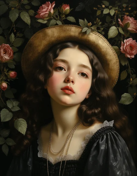 Masterpiece, high quality, Oil Painting, storybook-inspired folk art with dreamlike details. the universe loves me, she send me light of love, and I accept it, frail tween girl, looks like a fashion model, fantastical, focus on the girl, Masterpiece, intricate lines, intriguing atmosphere, delicate features, elaborate details, (2/3 rule composition:0.5), ultra detailed, romantic, rich deep, novuschroma, del1cate_balance style, in the style of Rembrandt. FS, vantablack <lora:style_of_Rembrandt_FLUX_135:.8> <lora:- Flux1 - vanta_black_V2.0:.6> <lora:Delicate_Balance:.3> <lora:neeeg_f1:-1> <lora:113_novuschromaFLX_1:.2> <lora:FS_v2:.4>
