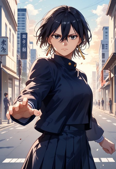 score_9, score_8_up, score_7_up, score_6_up,  colored manga style BREAK h1yuk1k4g4r1, black hair, short hair, hair between eyes, bangs, school uniform, gakuran, earrings, looking at viewer, fighting pose, city street, exterior, daytime, highly detailed, beautiful art, beautiful background, beautiful lighting