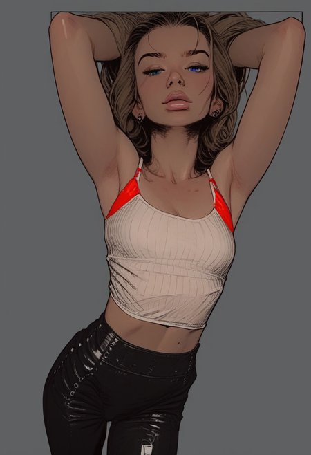 score_9, score_8_up, score_7_up, sinozick style , flat color, erotic theme, bright colors,  source_comic, pinup girl pose, Expressive, shiny black leather pants, white tank top, red bra,  posing for erotic photoshoot, dynamic sexy pose,
BREAK 
dramatic angle, unique perspective, unique angle,